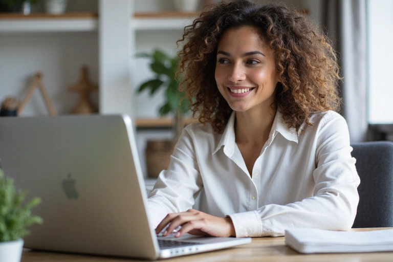 Donna sorridente che lavora al computer da casa, simbolo di flessibilità del lavoro remoto